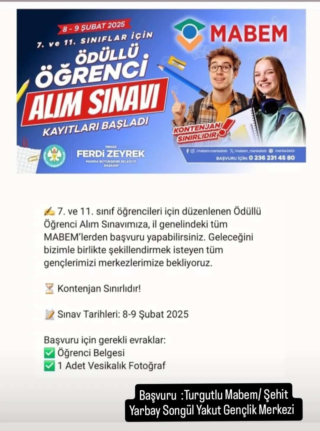 MABEM'den 7. ve 11. sınıf öğrencilerine Ödüllü Öğrenci Alım Sınavı