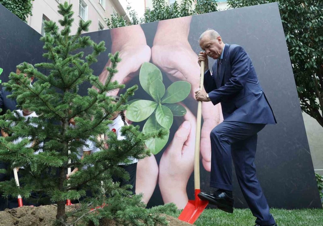 Cumhurbaşkanı Erdoğan, öğrencilerle fidan dikti