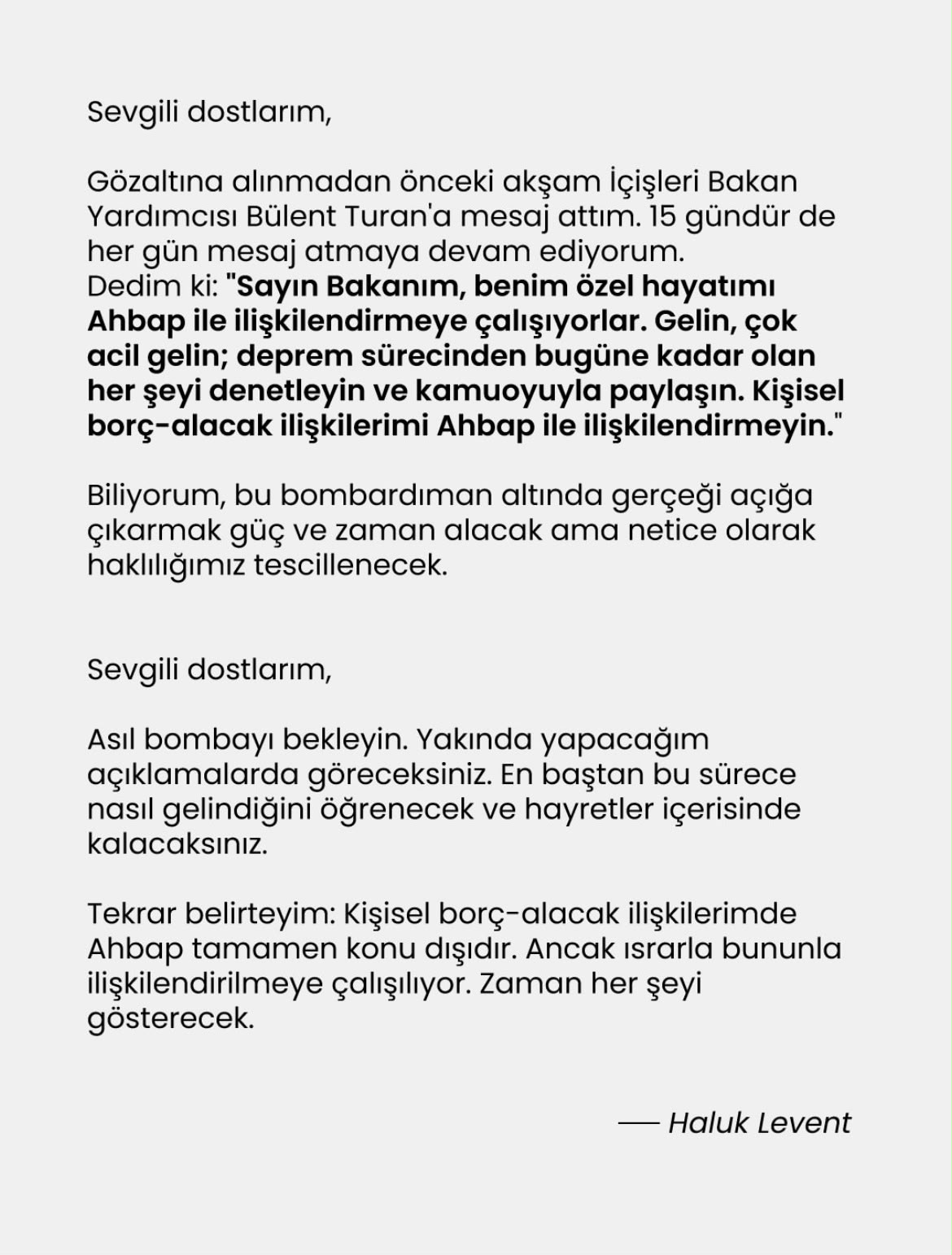 Haluk Levent'ten İlk Açıklama: "Asıl Bombayı Bekleyin"