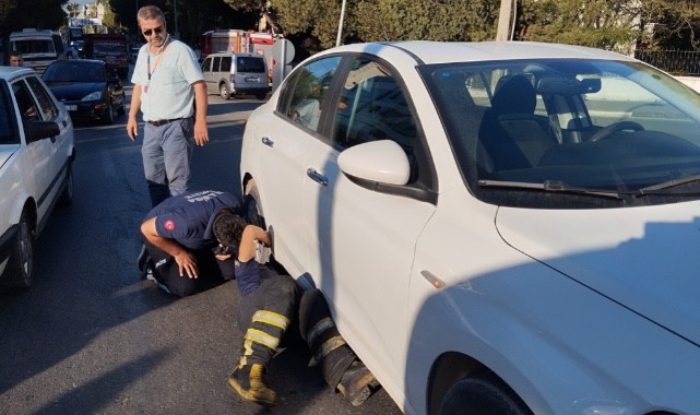 Turgutlu'da araç içine sıkışan kedi kurtarıldı