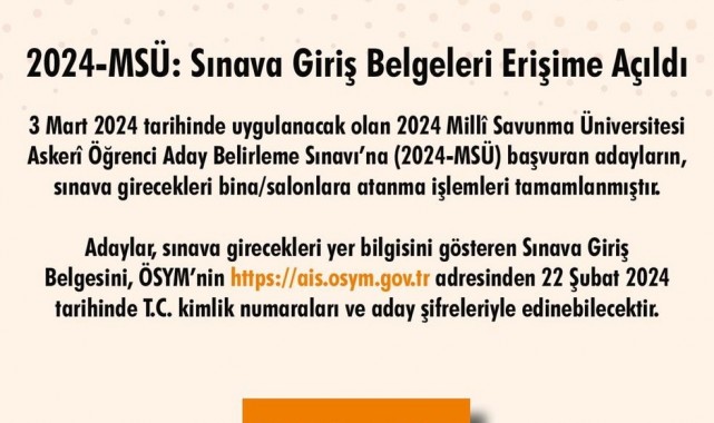 2024-MSÜ sınava giriş belgeleri erişime açıldı