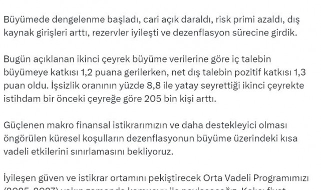 Bakan Şimşek: "Büyümede dengelenme başladı, cari açık daraldı, risk primi azaldı, dış kaynak girişleri arttı, rezervler iyileşti"