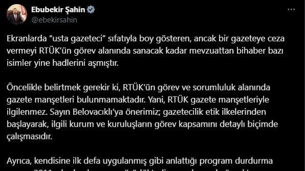 RTÜK Başkanı Şahin: "RTÜK gazete manşetleriyle ilgilenmez"