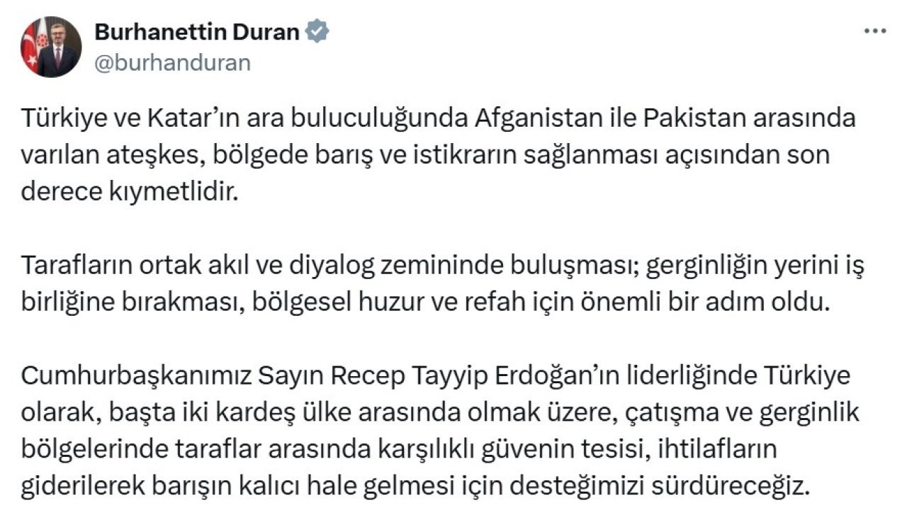 Burhanettin Duran’dan Afganistan-Pakistan ateşkesi açıklaması