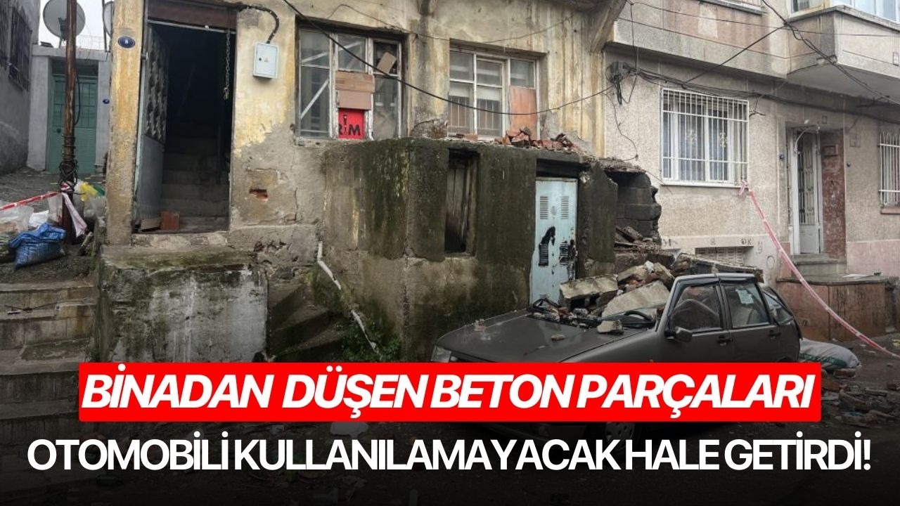 Eski binanın balkonundan düşen beton parçaları bir otomobili kullanılamayacak hale getirdi!
