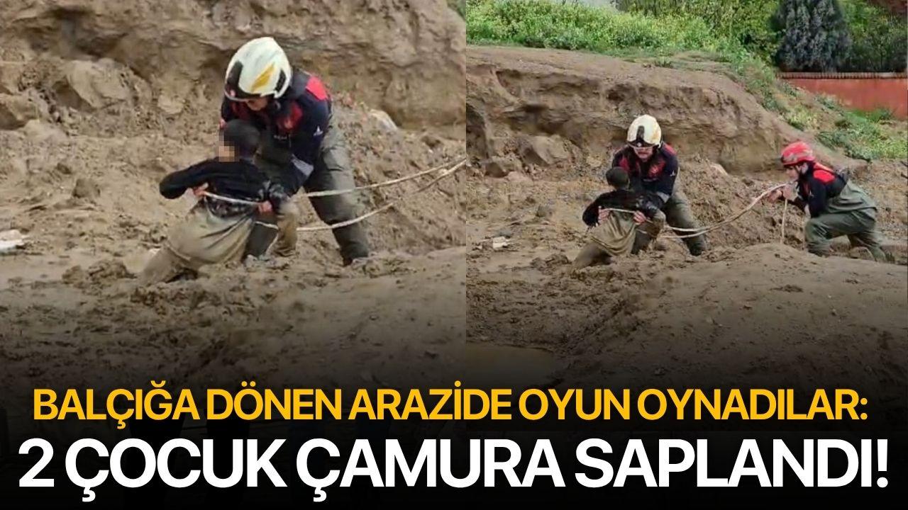 Balçığa dönen arazide oyun oynadılar: 2 çocuk çamura saplandı!